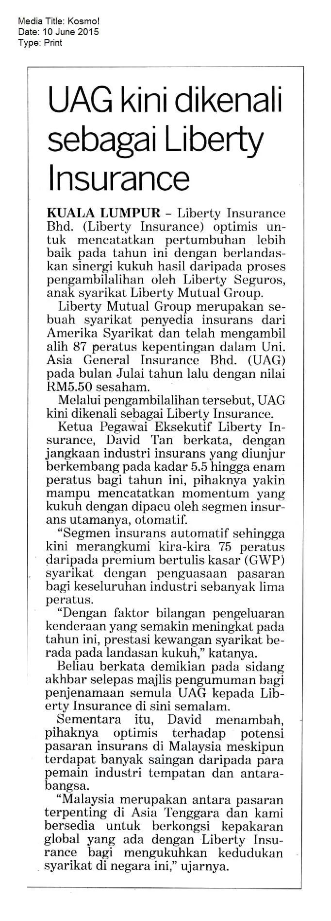 Kosmo! - UAG kini dikenali sebagai Liberty Insurance