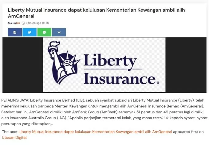 Liberty Mutual Insurance dapat kelulusan Kementerian Kewangan ambil alih AmGeneral