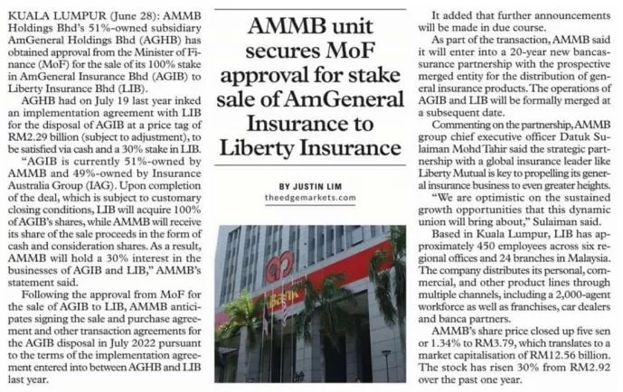 AMMB unit secures MoF approval for stake sale of AmGeneral Insurance to Liberty Insurance