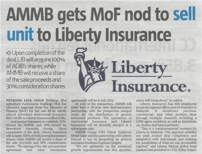 AMMB gets MoF nod to sell unit to Liberty Insurance