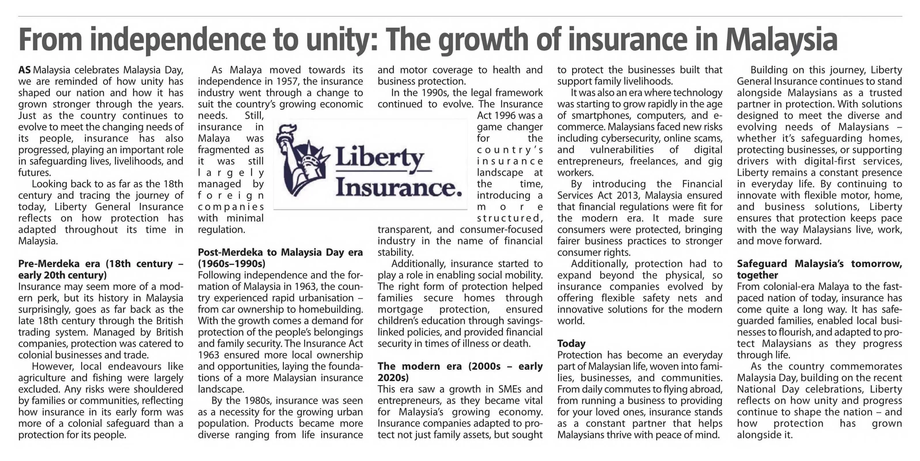From independence to unity: The growth of insurance in Malaysia