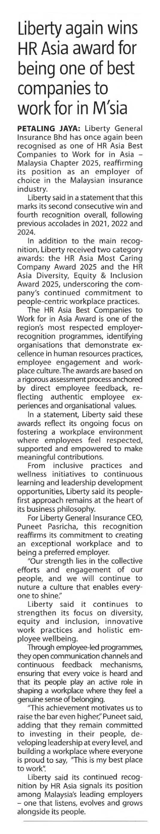 the sun liberty wins hr asia award